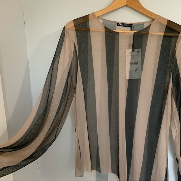 ZARA STRIPED ASYMMETRICAL BLACK AND BEIGE MESH TOP NWT - Picture 3 of 9